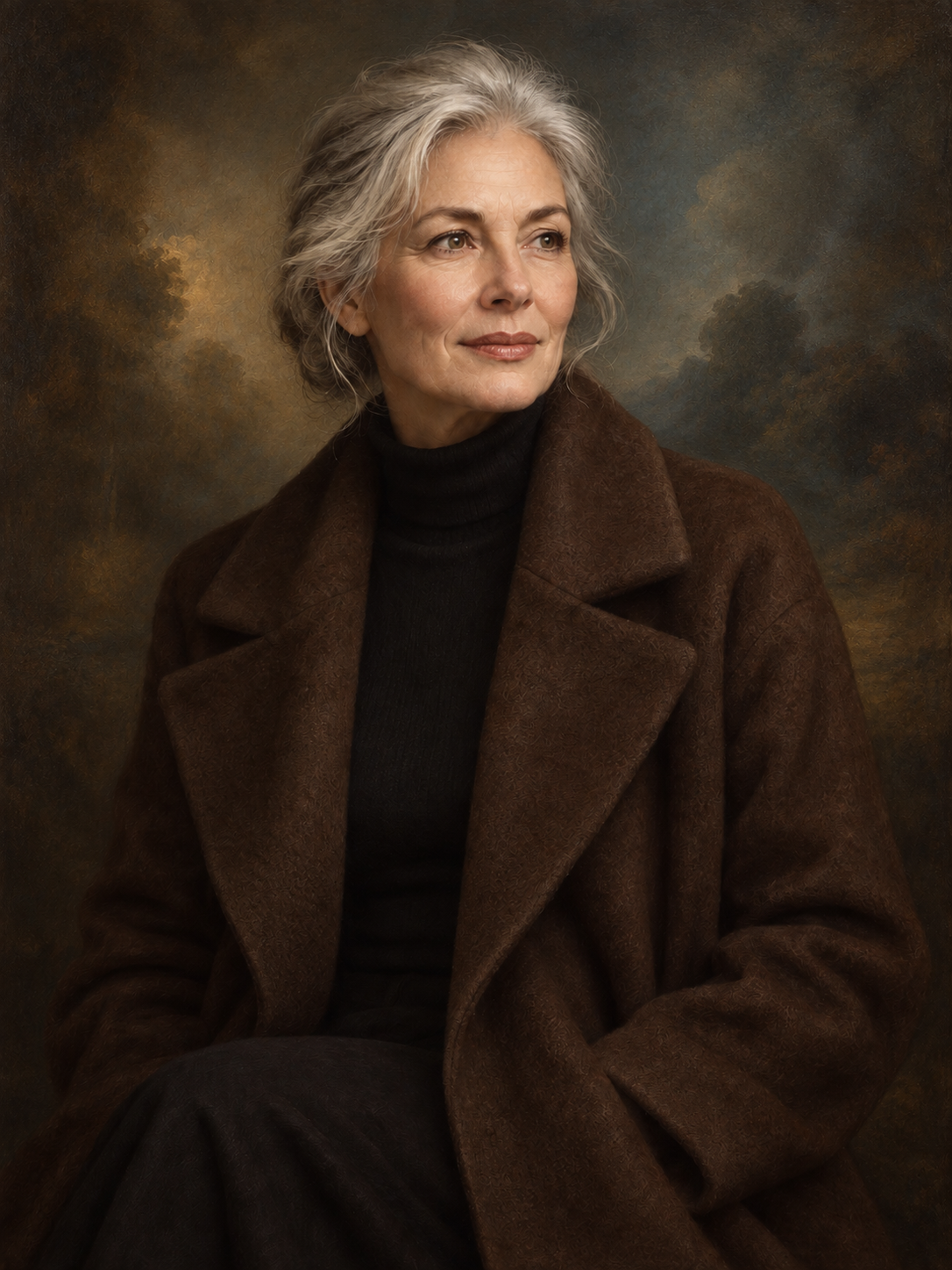 Heritage Sable personal portrait — layered warm brown oil-painting background