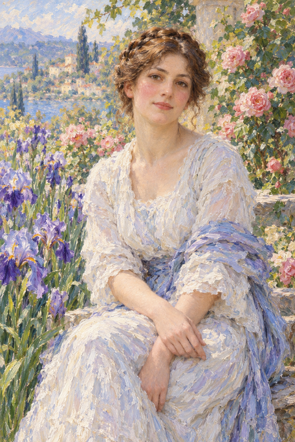 Monet-inspired portrait sample of a woman seated in an iris and rose garden