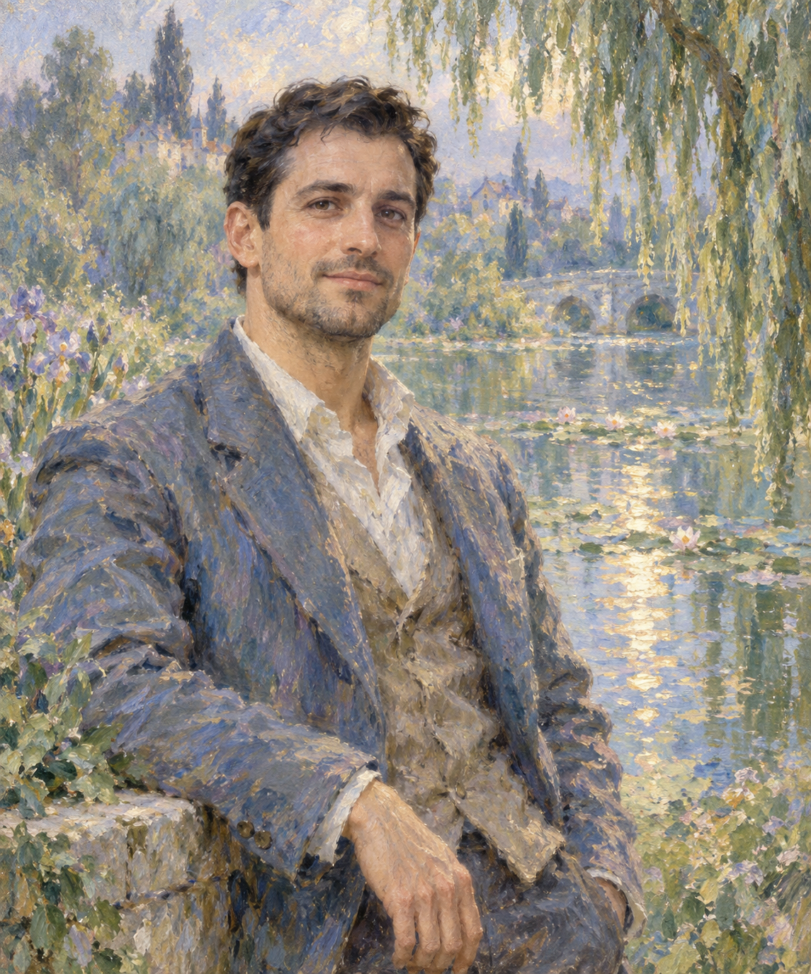 Monet-inspired portrait sample of a gentleman beside a willow-lined water-lily pond