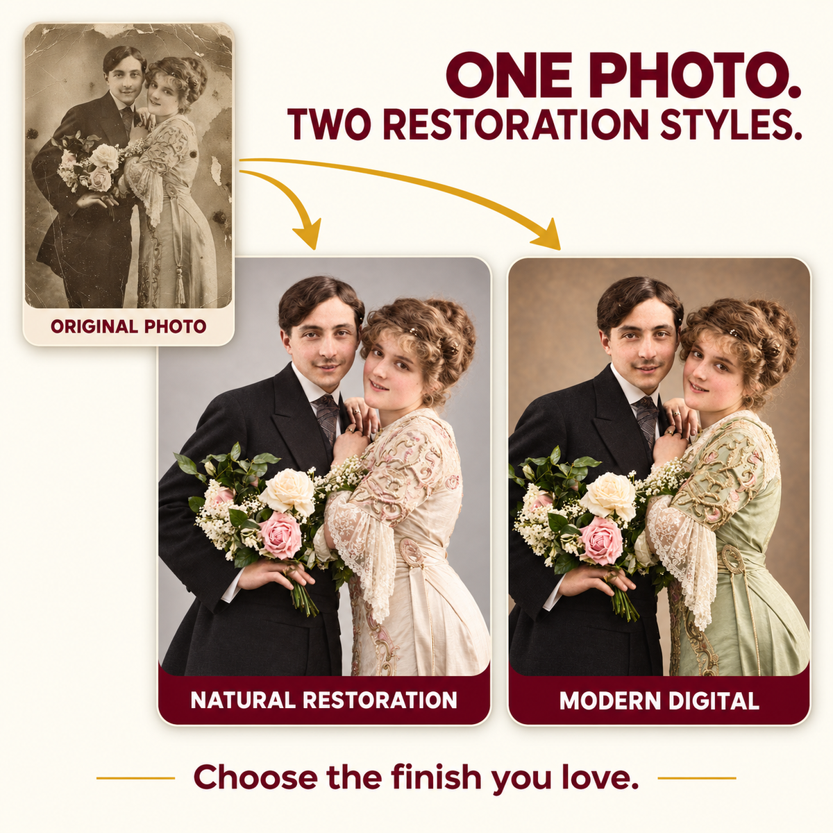 Professional old photo restoration comparison: original photo, natural restoration, and modern digital restoration