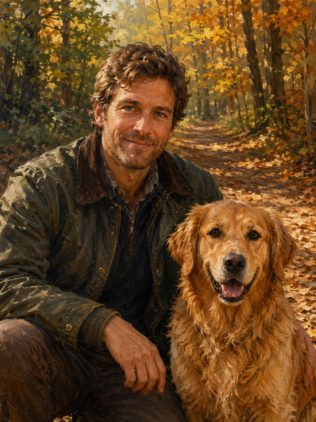 Autumn Trail Bond personalized pet and owner portrait design