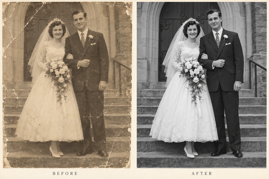 AI-generated photo restoration illustration: Restore Old Wedding Photos for a Meaningful Anniversary Gift