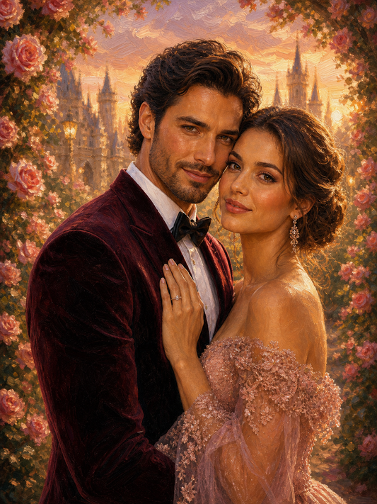 Romantic Golden Hour couple portrait example in a warm garden setting