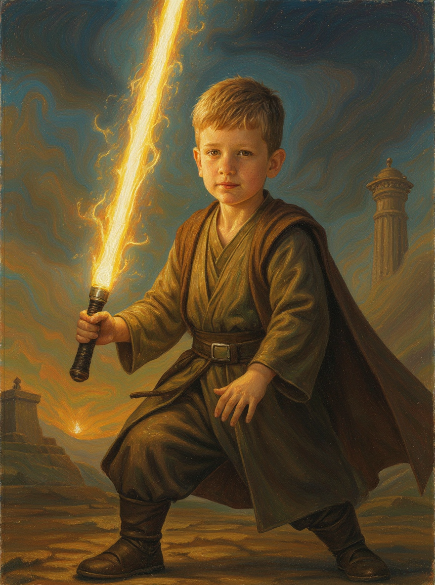 Little Boy as Lightsaber Warrior-Acrylic painting/Oil painting
