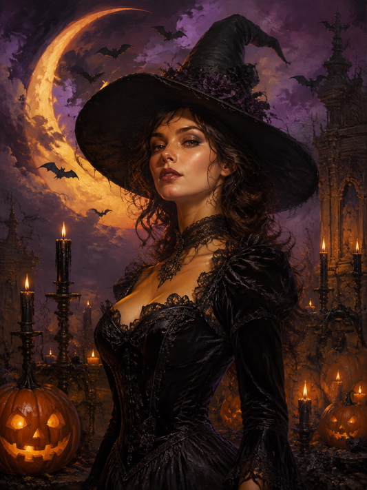 🎃 Crescent Moon Witch Lady - Personalized Halloween Portrait 🦇
