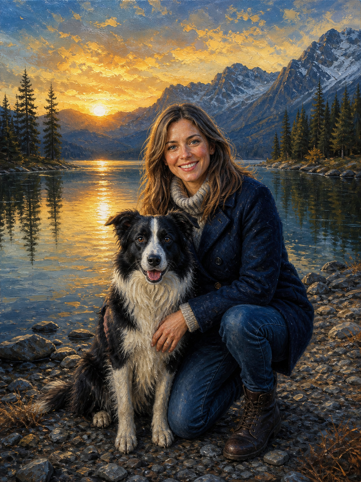 Mountain Lake Companion - Personalized Pet Owner Portrait
