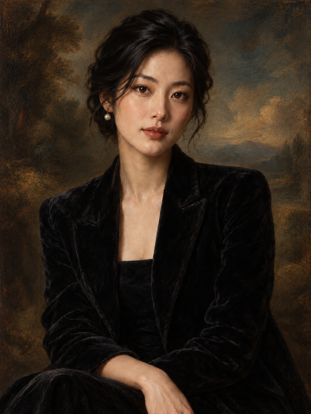 Midnight Velvet personal portrait — layered warm umber oil-painting background