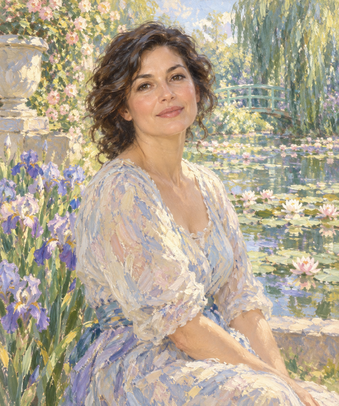 Monet-inspired impressionist portrait sample with a woman seated beside water lilies