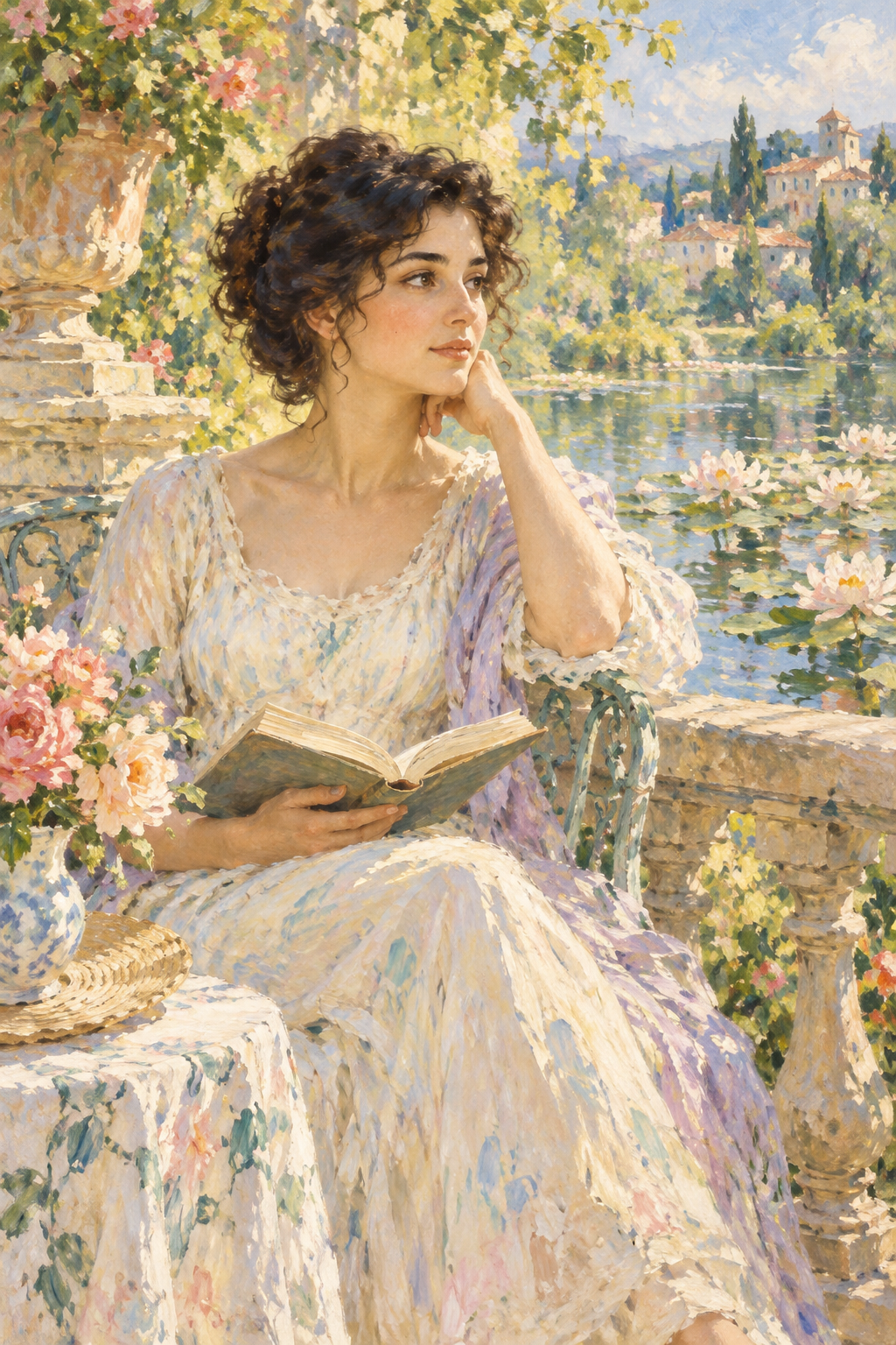 Monet-inspired portrait sample of a woman reading beside water lilies