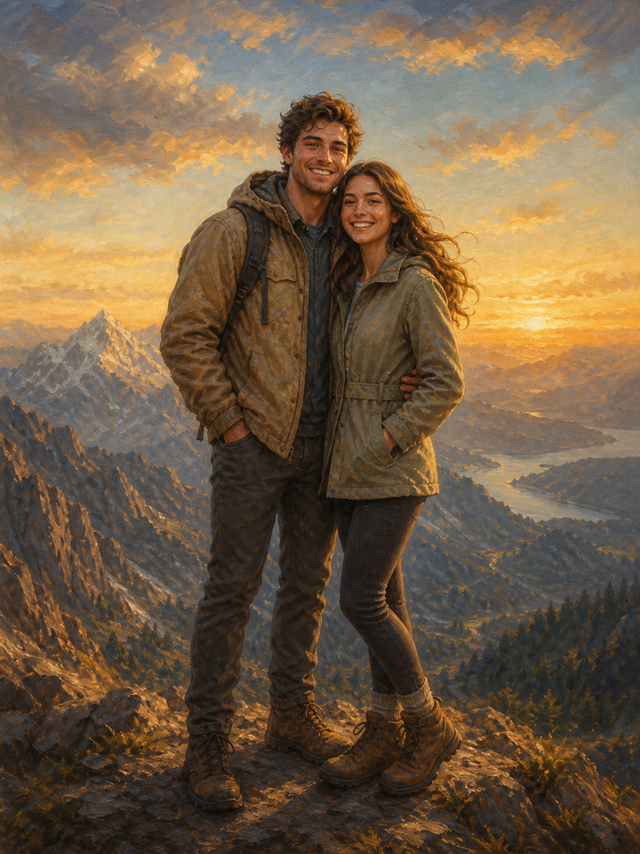 Mountain Adventure Couple Portrait – Personalized Oil Painting