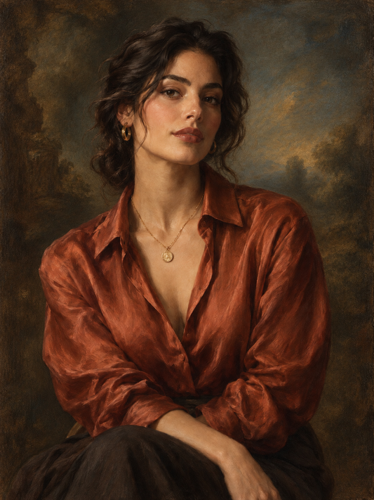 Nocturne Terracotta personal portrait — layered smoky blue and umber oil-painting background