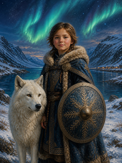 Personalized Norse wolf guardian oil portrait for kids