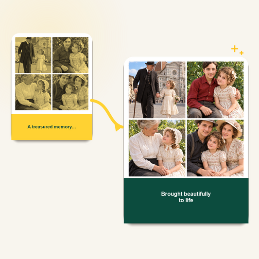 Four old family photos transformed into four professionally restored high-definition color photos