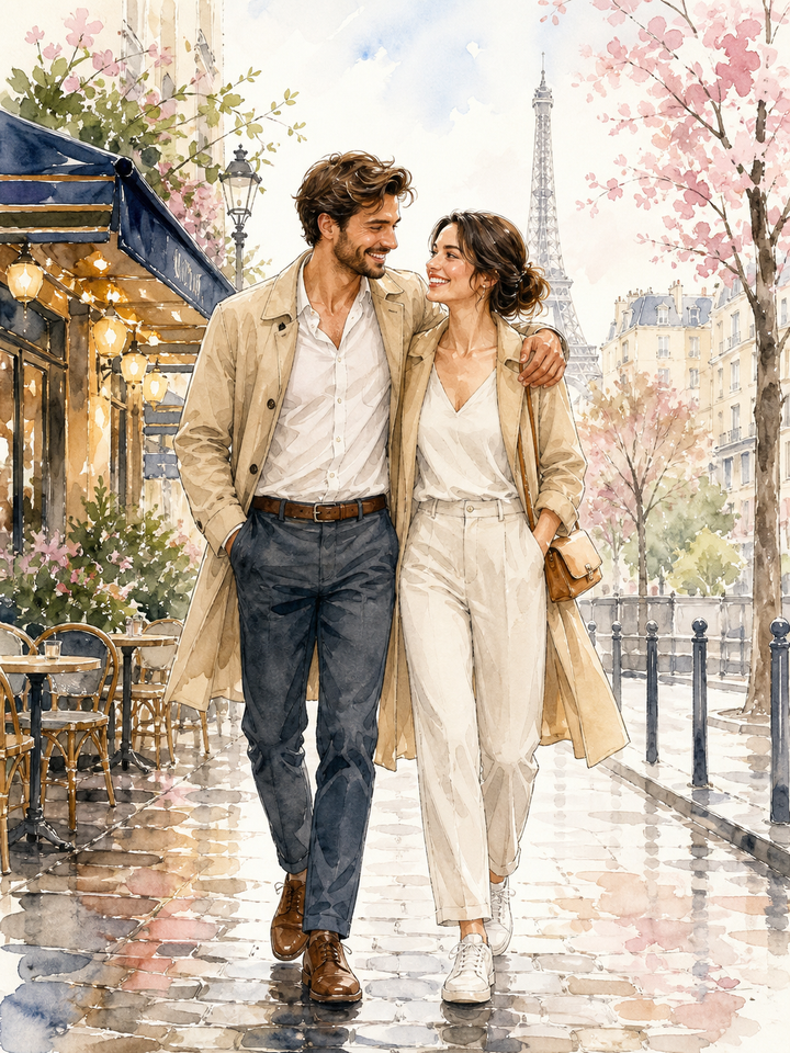 Paris Spring Couple Portrait – Personalized Watercolor Painting