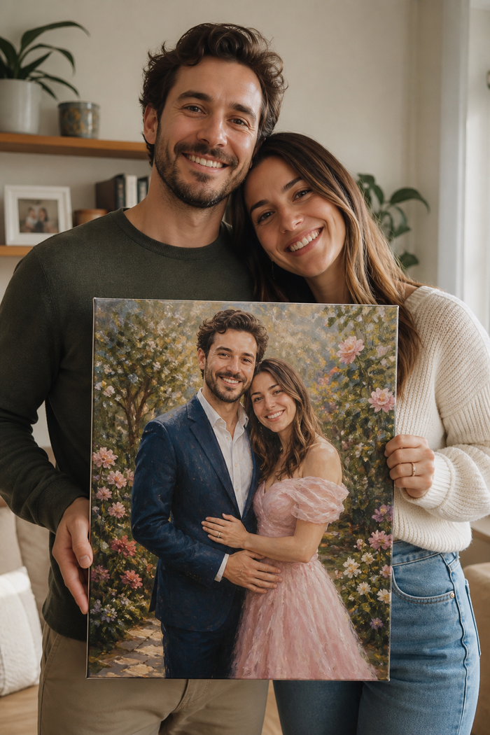 Couple holding an illustrative personalized romantic portrait