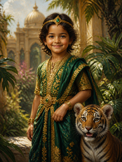 Personalized royal jungle child portrait with friendly tiger cub