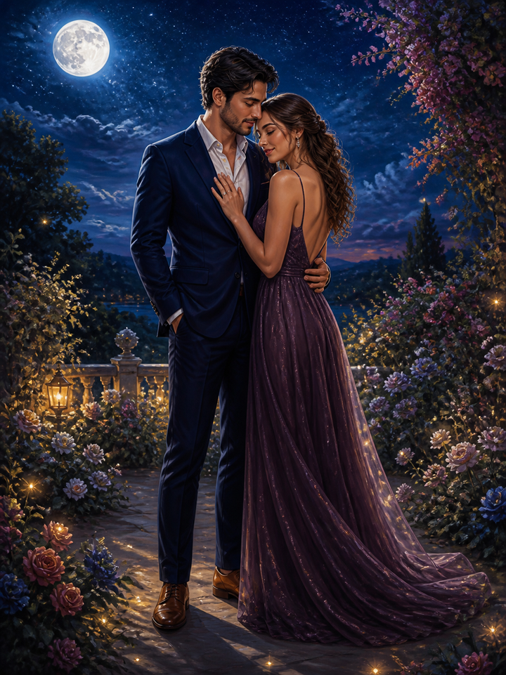 Starlit Garden Couple Portrait – Personalized Romantic Painting