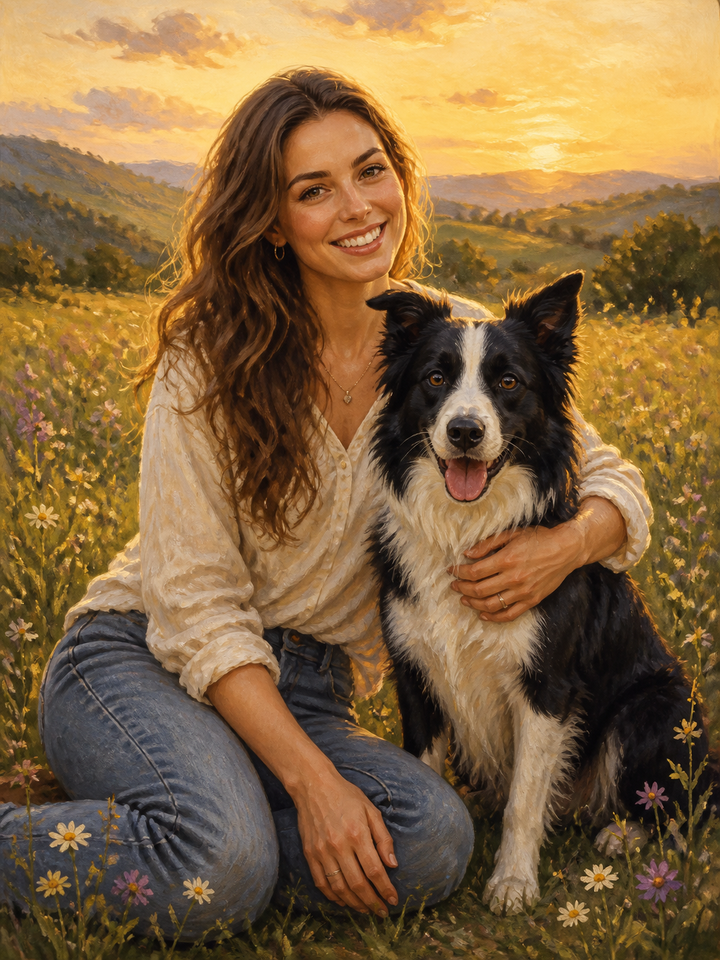 Wildflower Woman & Dog – Personalized Pet Owner Portrait