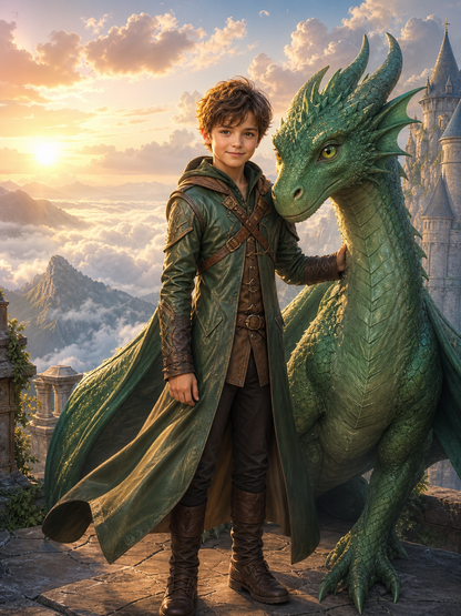 Personalized young dragon rider fantasy portrait for kids